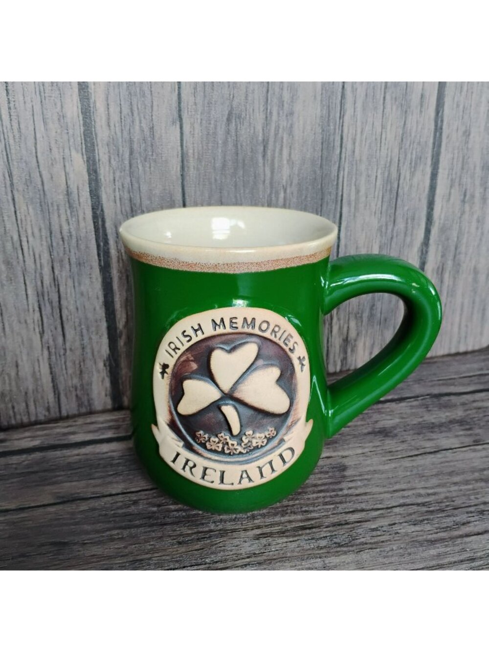 Irish Memories Ceramic Mug Green Shamrock Design 5" Tall Ireland Souvenir Gift